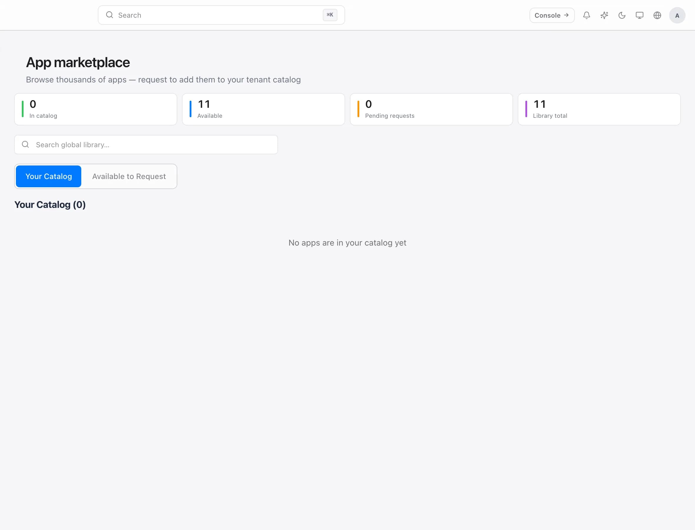 The App marketplace showing the shared library, with a new organisation's catalog still empty.
